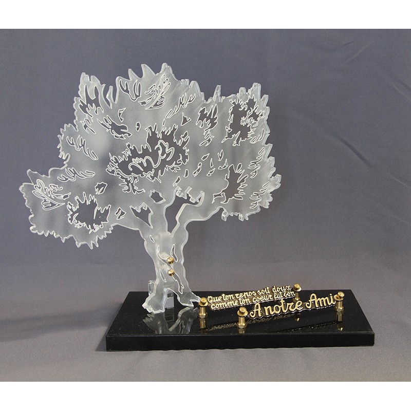 Plaque plexiglass funéraire avec un arbre olivier