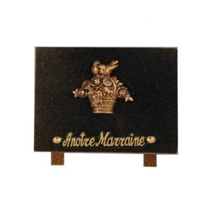 Plaque funéraire Plaque granit noir - Rectangulaire - Panier fleuri bronze