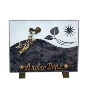 Plaque funéraire Plaque granit - rectangulaire - Main avec rose en bronze