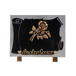 Plaque funéraire Plaque granit - Rectangulaire - Rose en bronze