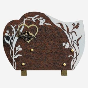 Plaque funéraire Plaque granit, coeur fleuri avec oiseaux en bronze 18x25cm