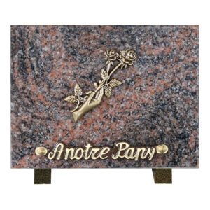 Plaque funéraire Plaque granit - Rectangulaire - Bronze main rose
