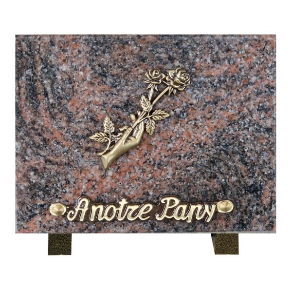 Plaque funéraire Plaque granit - Rectangulaire - Bronze main rose