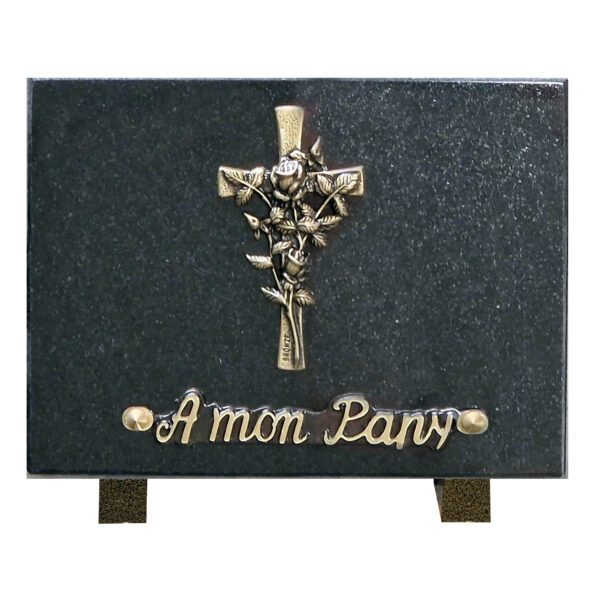 Plaque funéraire Plaque granit - Rectangulaire - Bronze croix