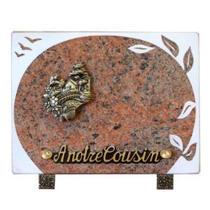Plaque funéraire en granit rose bronze paysage de campagne avec pont