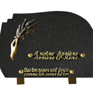 Plaque funéraire en granit noir motif main tenant des épis de blé