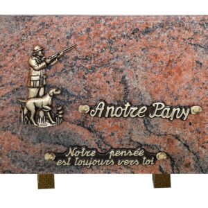Plaque funéraire en granit rose bronze chasseur et son chien