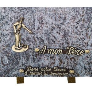 Plaque funéraire en granit Mas Blue bronze joueur de pétanque