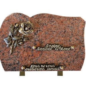 Plaque funéraire en granit rose bronze branche de rose