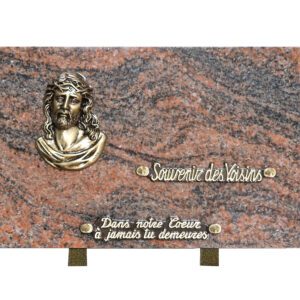 Plaque funéraire en granit rose bronze buste du Christ