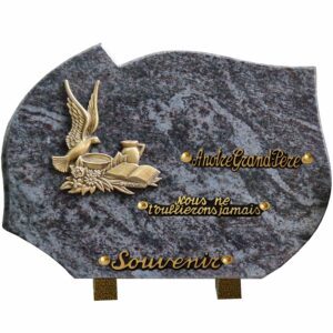 Plaque funéraire en granit Mas Blue bronze oiseau et écuelle