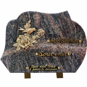 Plaque funéraire en granit Himalaya Blue bronze roses et oiseau
