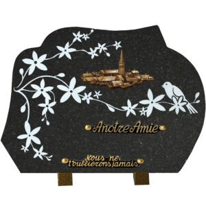 Plaque funéraire en granit noir bronze village et gravure fleurie